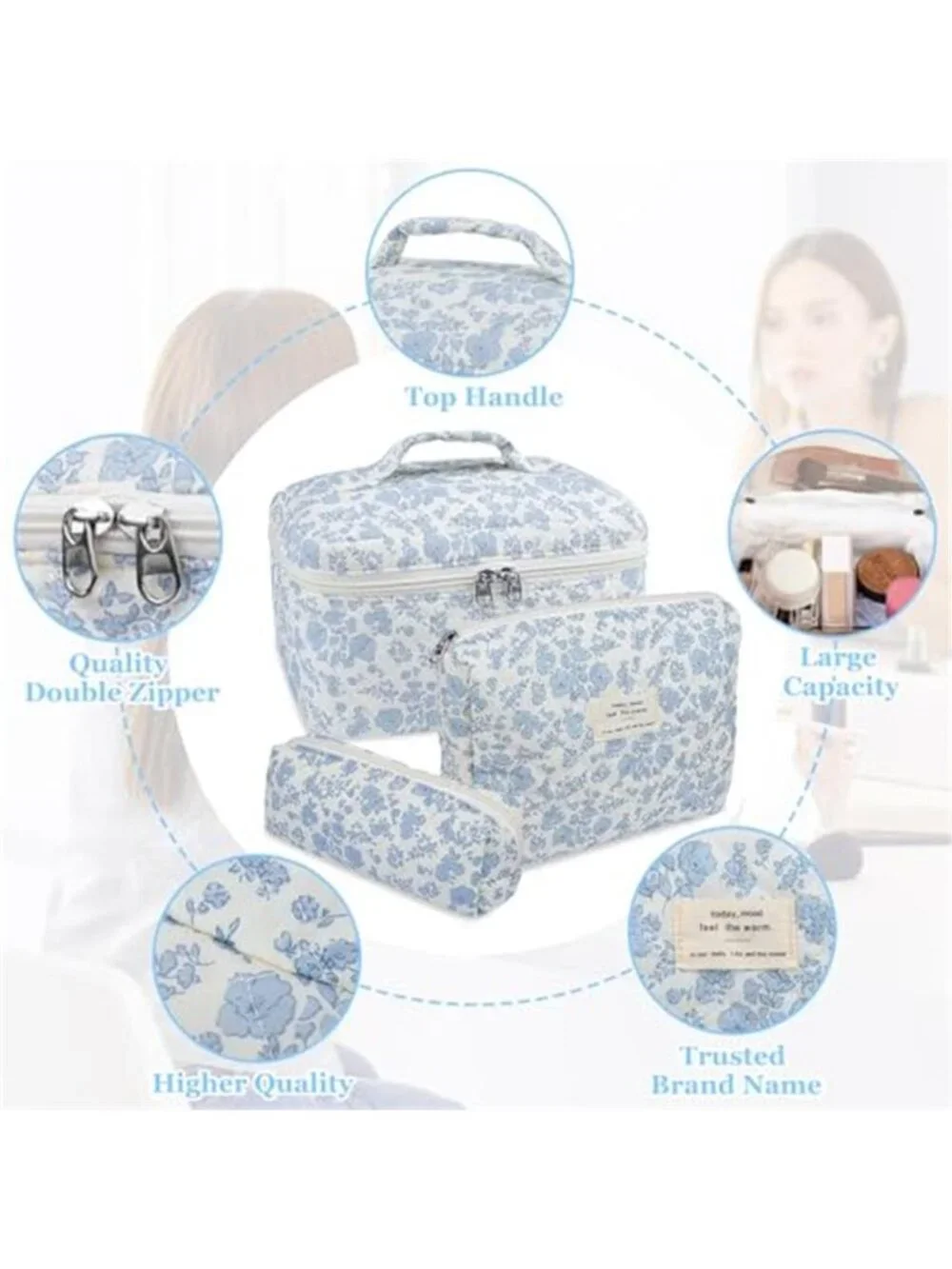 Quilted Floral Makeup Bag Set 3 Piece Cotton Travel Toiletry Organizer for Women
